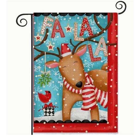 Christmas Garden Flag 12x18in Burlap Reindeer FaLaLa - Picture 1 of 1